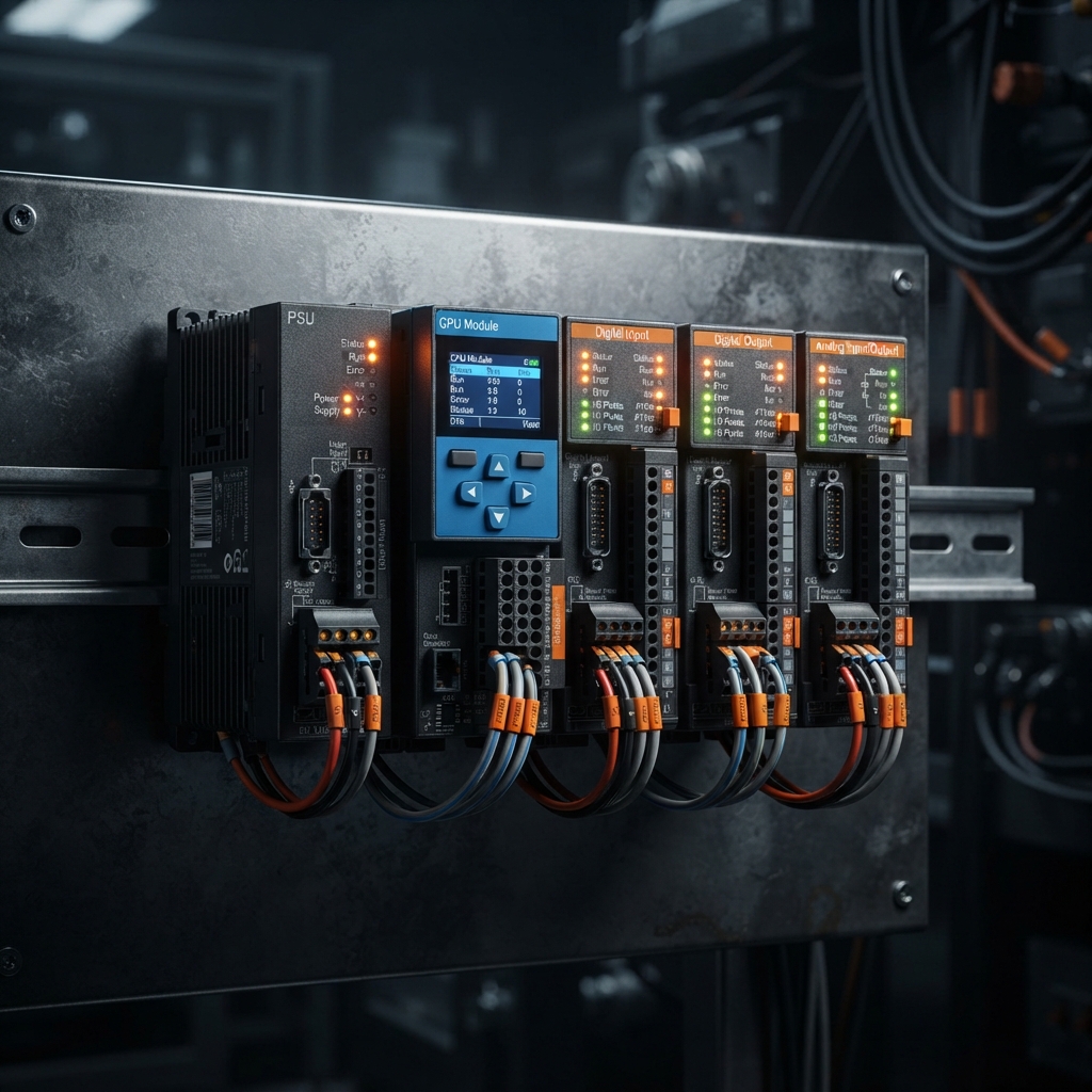 Industrial PLC controller on DIN rail