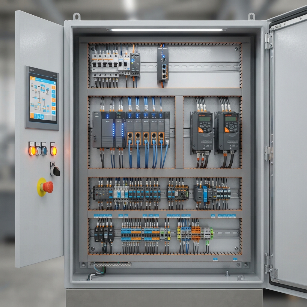 Open industrial control panel showing wiring and PLCs